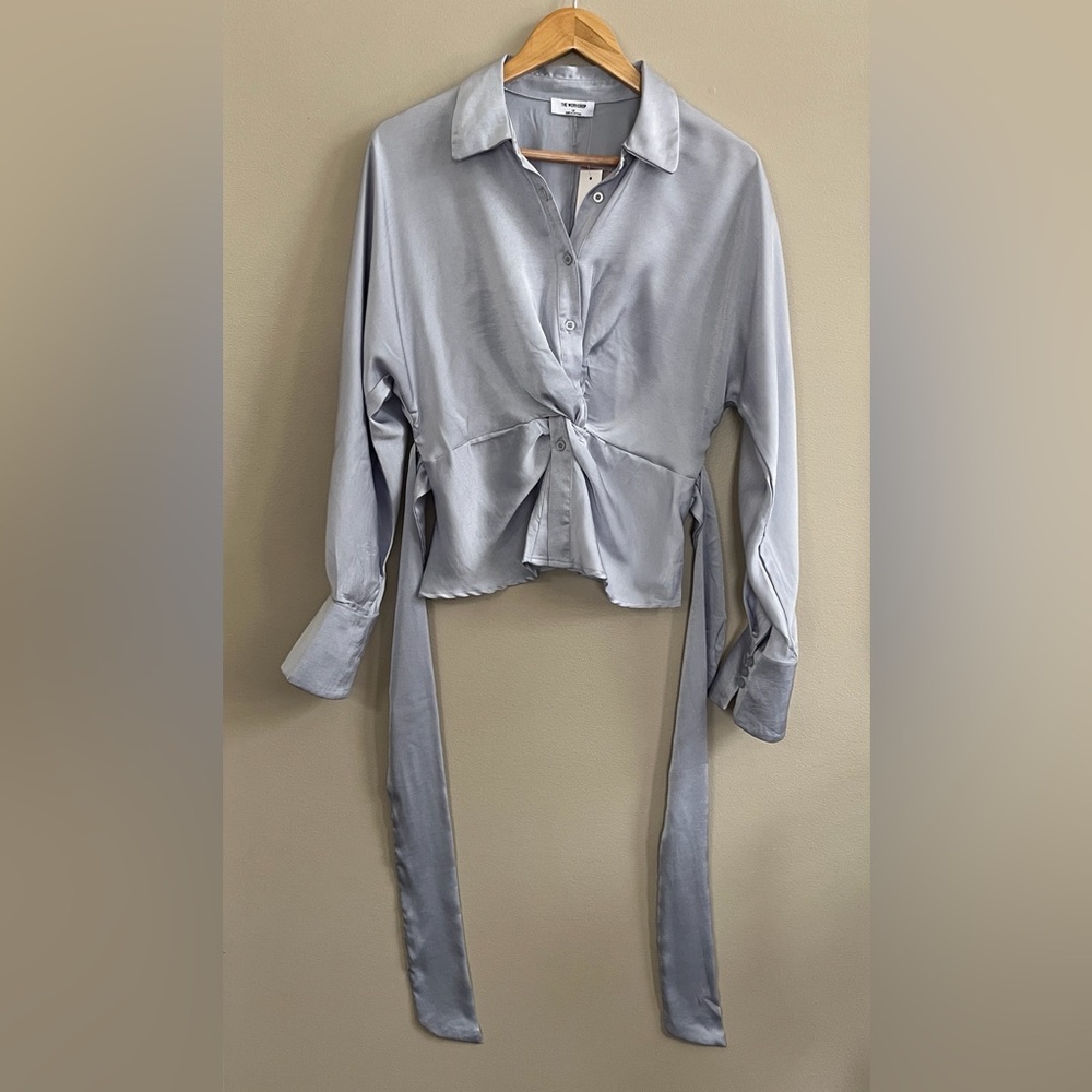 The Workshop light blue satin wrap blouse size medium and large